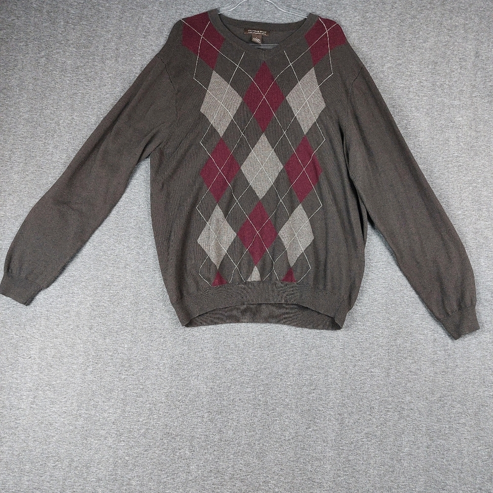 CHATHAM ROAD MENS BROWN ARGYLE PREPPY VNECK COTTON CASHMERE SWEATER SIZE LARGE